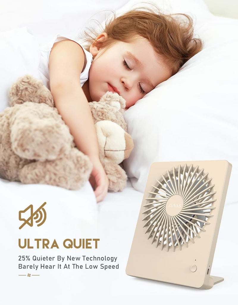 Zuvas Desk Fan Battery Operated Fan Rechargeable 180°Tilt Folding Personal Fan Ultra Quiet Small Portable 3 Speed Adjustable Strong Wind Fan For Office Bedroom Home Desktop Camping (Beige) - Image 2